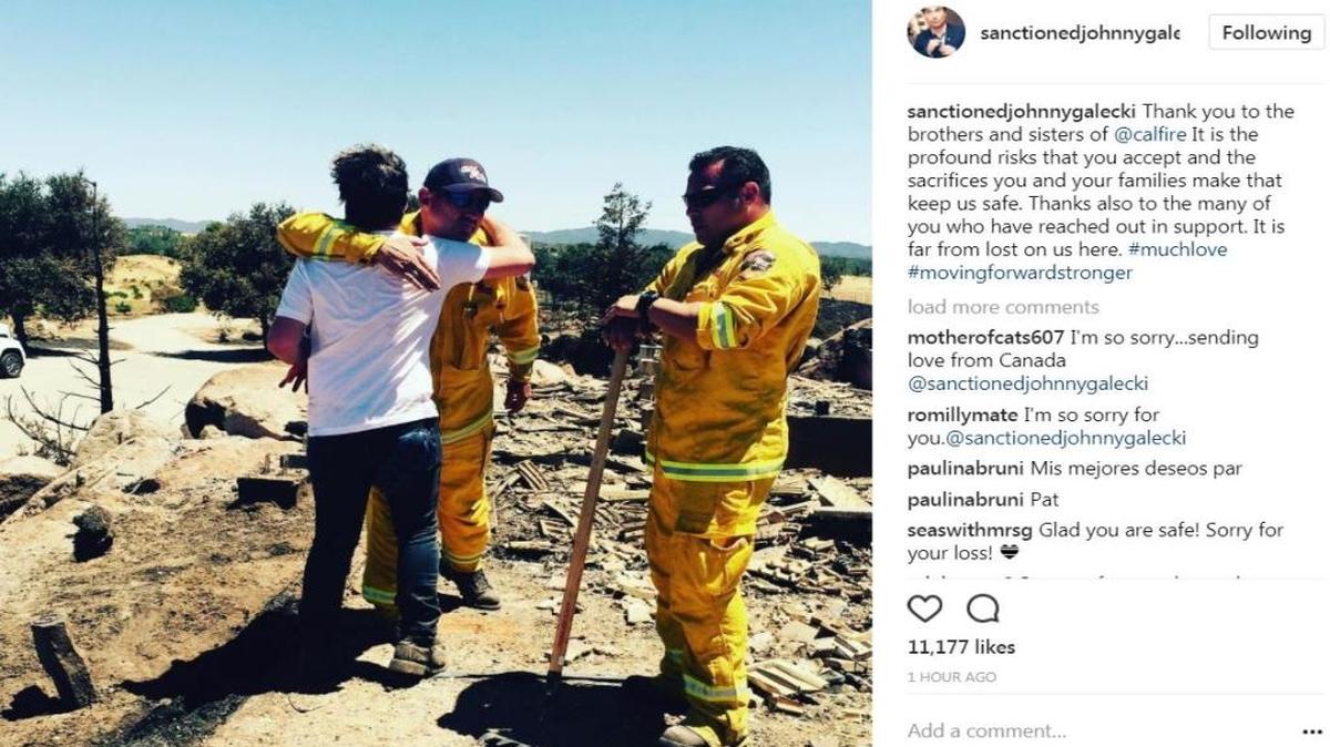 Johnny Galecki posted to Instagram on Thursday, thanking Cal Fire for keeping people safe. Galecki lost his home in the Hill Fire.