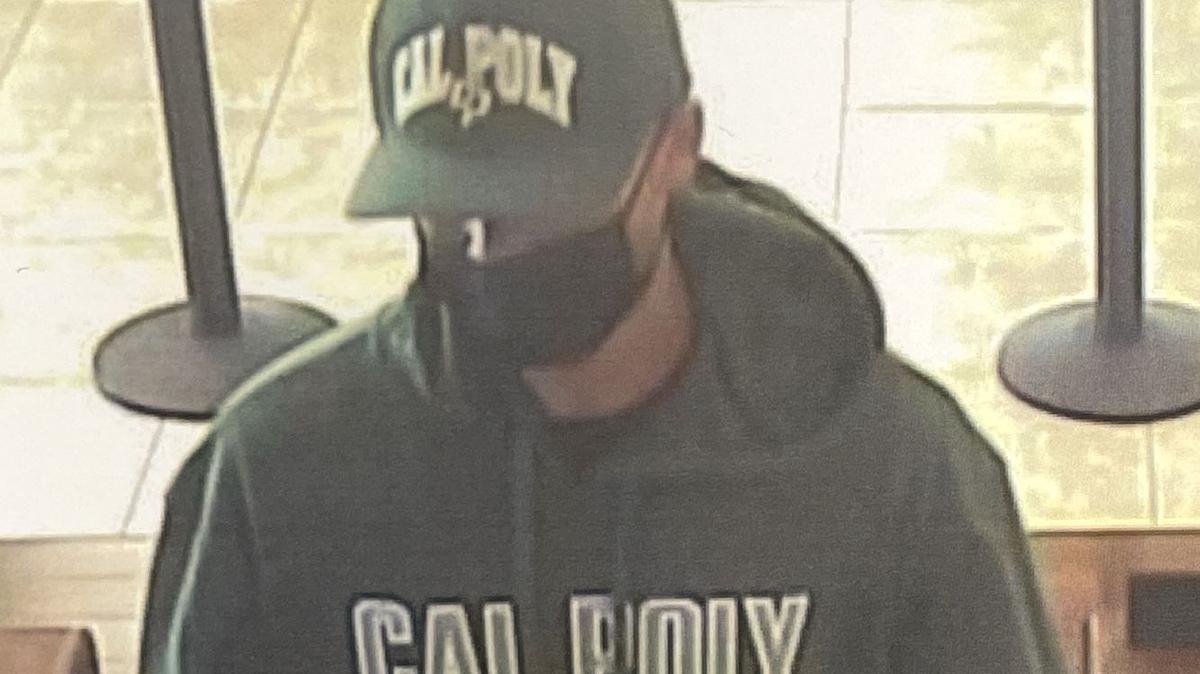 Arroyo Grande police are looking for a man who robbed Chase Bank on Saturday, Feb. 25, 2023, while wearing a green Cal Poly hat, a Cal Poly hooded sweatshirt and a black medical mask.
