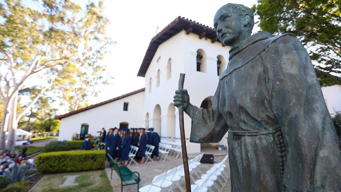 Statue of San Luis Obispo Mission founder Father Junípero Serra seen in June 2018 during the Mission College Prep graduation ceremony.