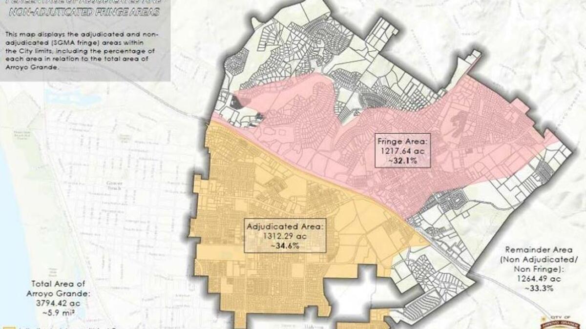 A map shows the adjudicated and fringe areas of the Santa Maria Groundwater Basin within Arroyo Grande city limits. Arroyo Grande will form a groundwater sustainability agency to manage the pink area to the north of Highway 101.