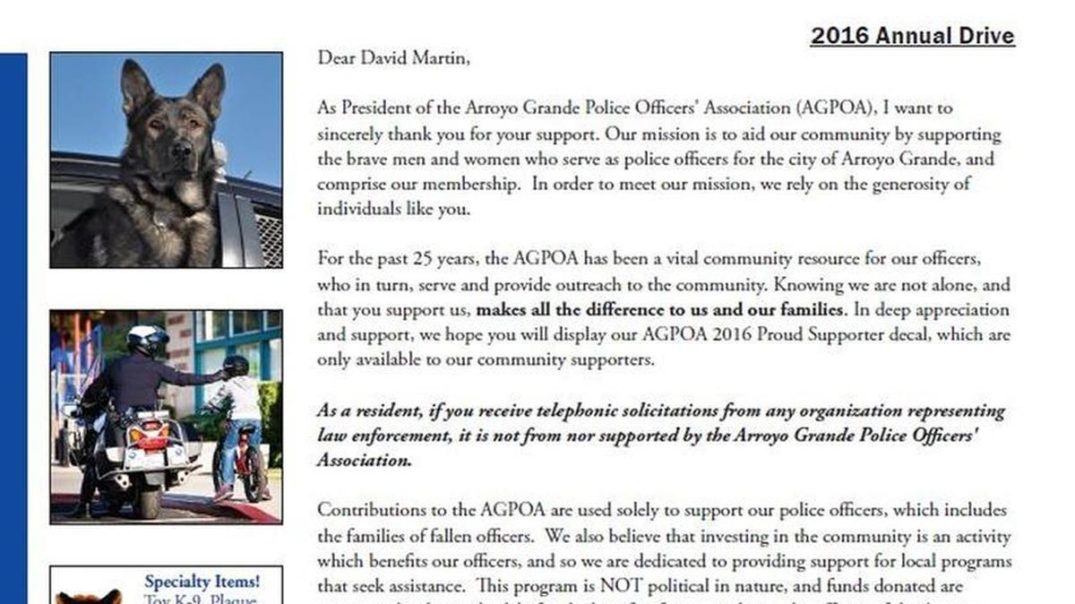 A sample Arroyo Grande Police Officers’ Association mailer