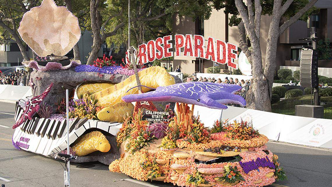 Cal Poly’s float won the Crown City Innovator award on Monday at the 135th annual Rose Parade in Pasadena, for its “rockin’ swim party” theme featuring sea creatures playing instruments.