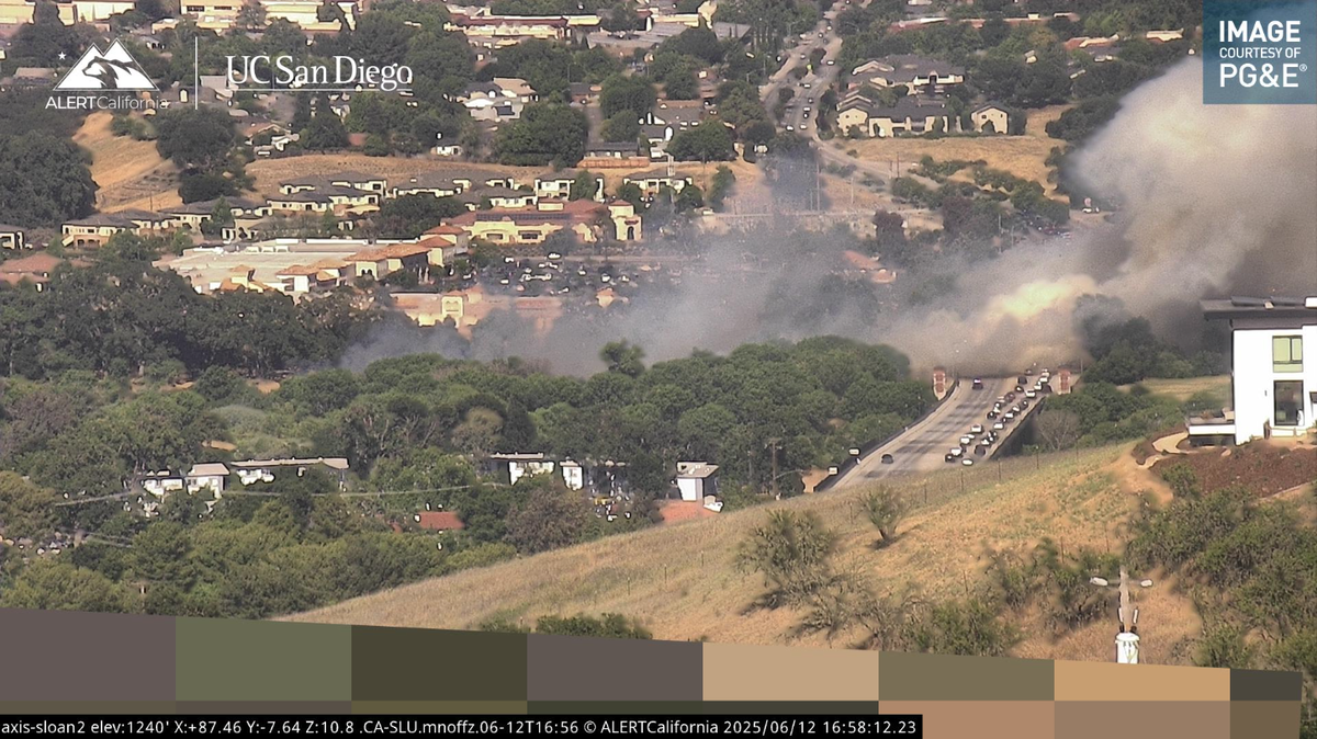 A fire in the Salinas Riverbed sends a column of smoke over the Niblick Bridge in Paso Robles on June 12, 2025.