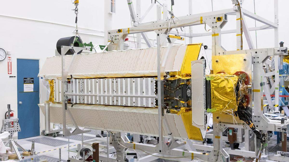 Part of the Surface Water and Ocean Topography (SWOT) satellite’s science instrument payload sits in a clean room at NASA’s Jet Propulsion Laboratory during assembly.