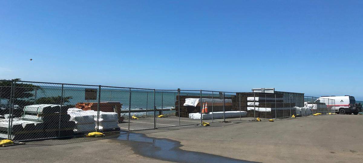 Boardwalk rebuilding supplies are stacked at the larger Leffingwell Landing State Park vista point as part of a $1.6 million project to repair the popular walking path along Moonstone Beach Drive in Cambria.