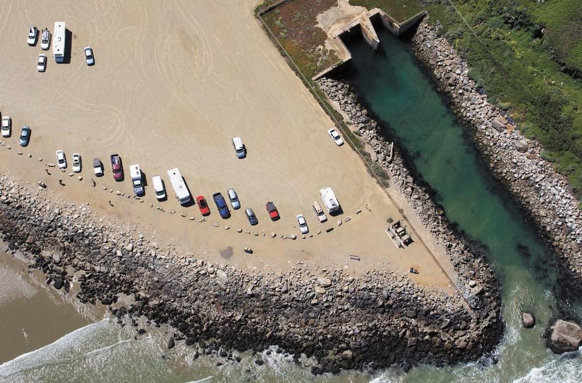 An aerial view fo the parking lot at Morro Rock.