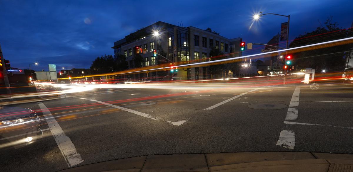 The intersection of Santa Rosa and Monterey streets had the highest collision rate in the city, according to a 2015 report, but it fell to No. 5 in 2016. Santa Rosa Street had many of the intersections with the highest accident rates. Here, lights streak by in this 30-second time exposure.