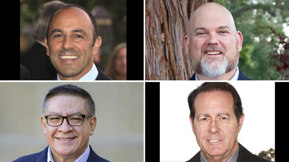 At top, in Congressional District 19, incumbent Rep. Jimmy Panetta, left, is challenged by small business owner Jason Anderson. At bottom, in District 24, incumbent Rep. Salud Carbajal is challenged by campaign data analyst Thomas Cole.
