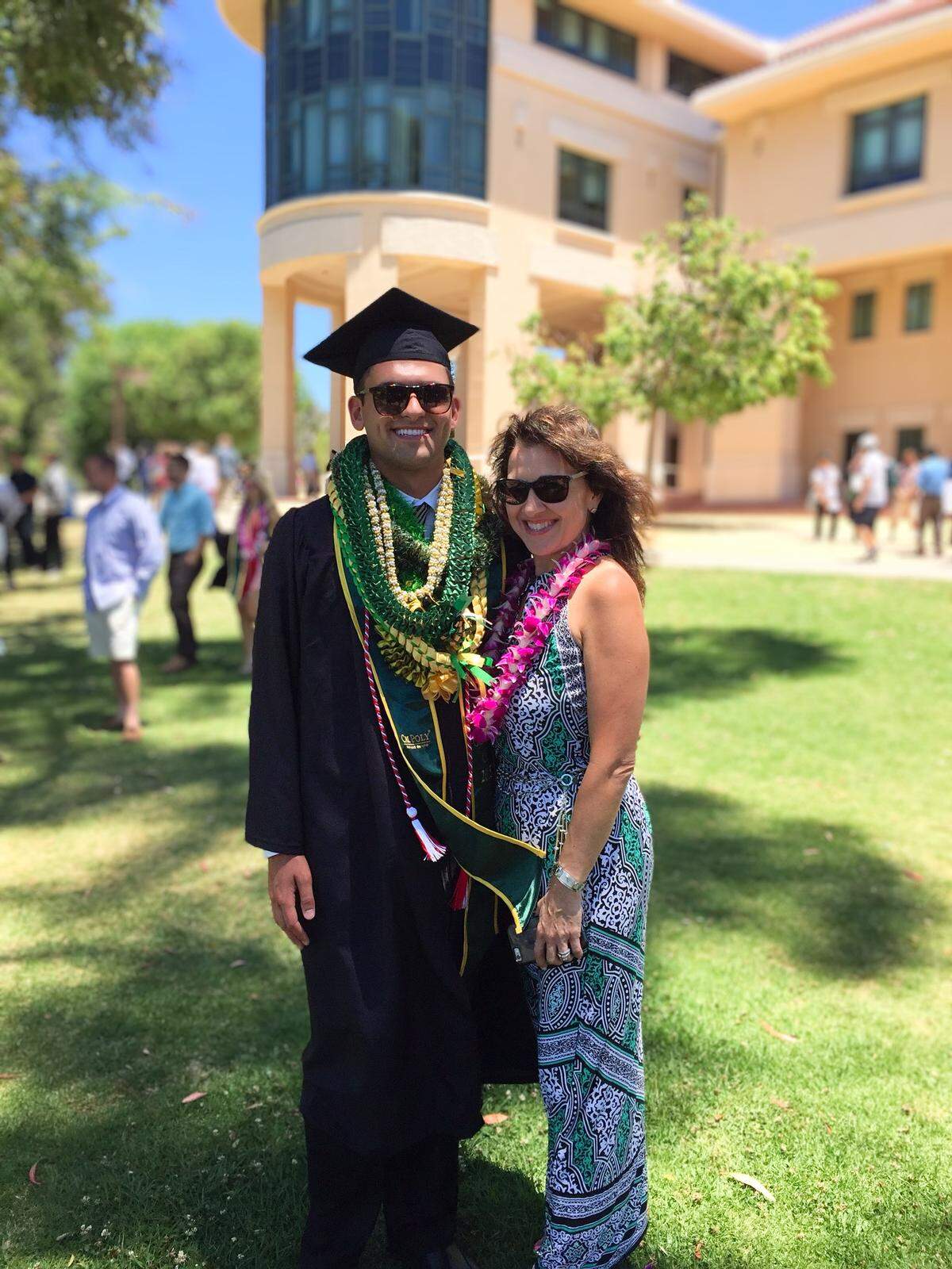 Jordan Maler with his mother, Renee, at his Cal Poly graduation ceremony. He died unexpectedly in 2015 and is buried at Los Osos Valley Memorial Park.