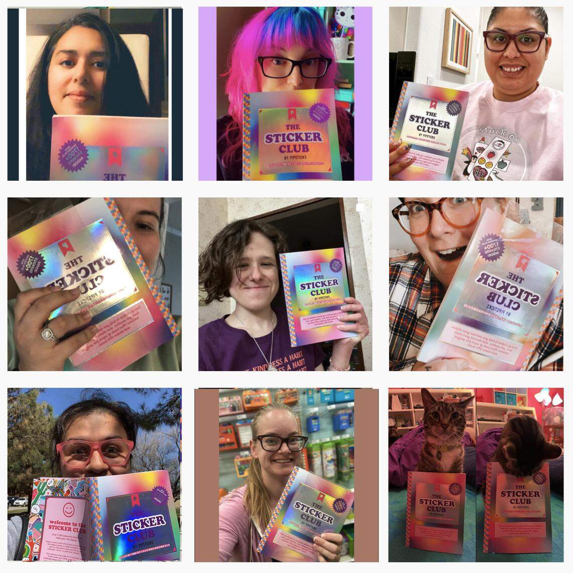 Customers showing off their Sticker Club books from Pipsticks. The books are available through Target.