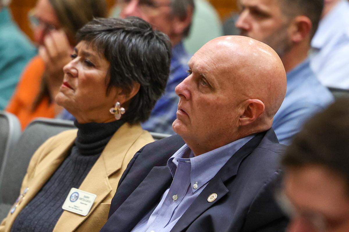 Supervisors John Peschong, right, and Dawn Ortiz-Legg listen during the Nuclear Regulatory Commission’s meeting at the Board of Supervisors chambers in San Luis Obispo on May 3, 2023. The commission was in town to discuss the potential relicensing and safety of Diablo Canyon nuclear power plant.