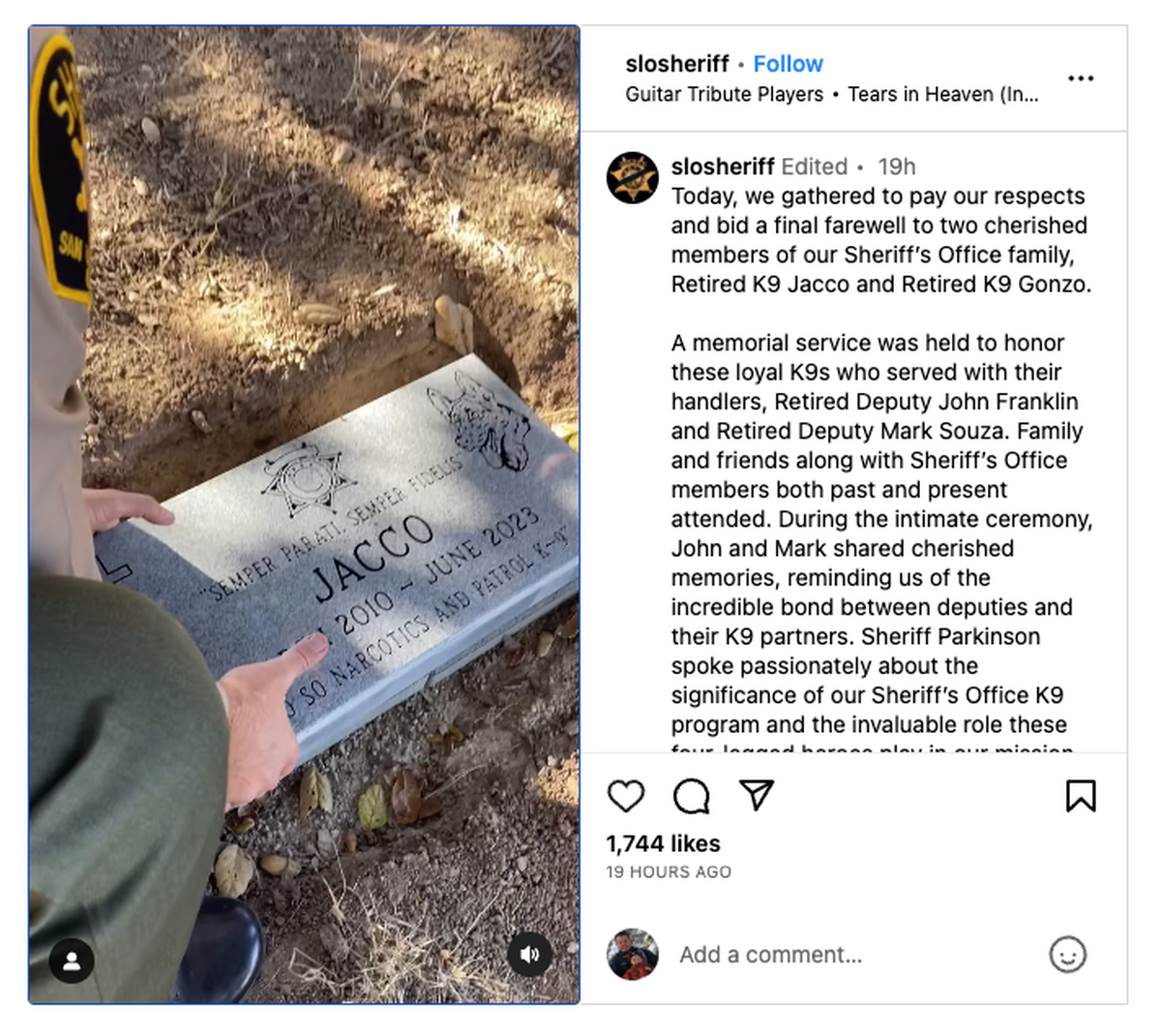 The San Luis Obispo County Sheriff’s Office held a memorial to “bid a final farewell” to two retired K9s, Jacco and Gonzo, on Wednesday, Oct. 4, 2023, the agency said in a social media post that featured video of the event.