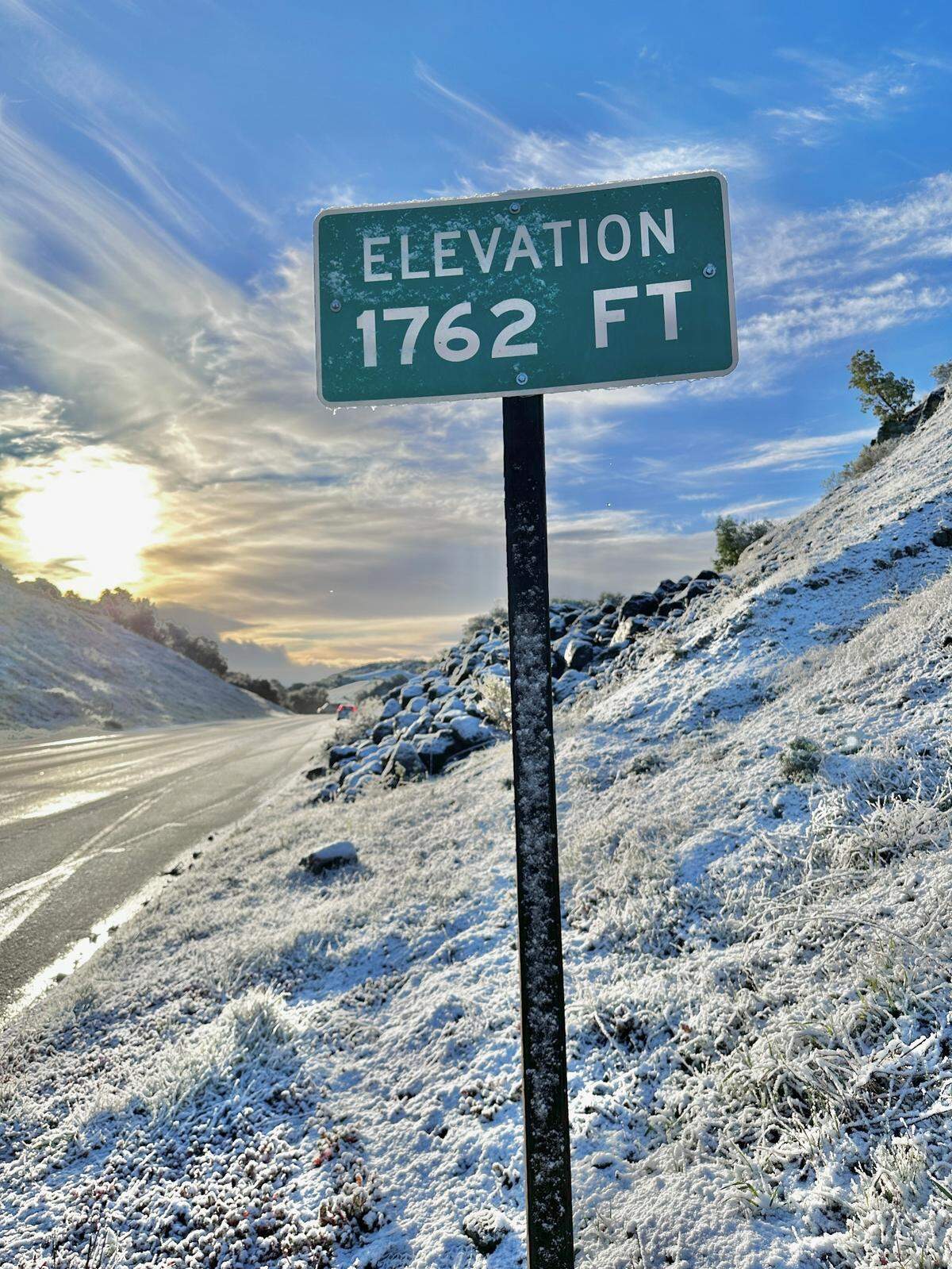 Snow covers the summit of Highway 46 West at 1,762 feet of elevation on Thursday, Feb. 23, 2023.