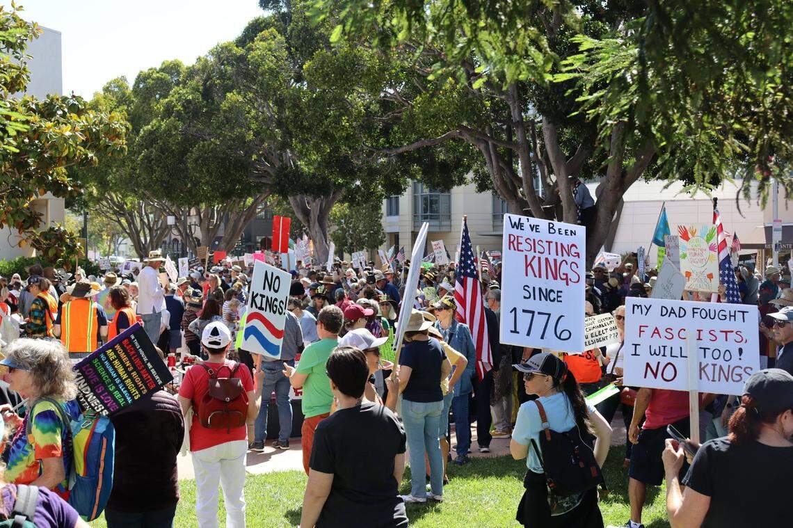 Thousands gathered in San Luis Obispo, California, for No Kings Day to protest executive overreach by the Trump administration on the President’s birthday.