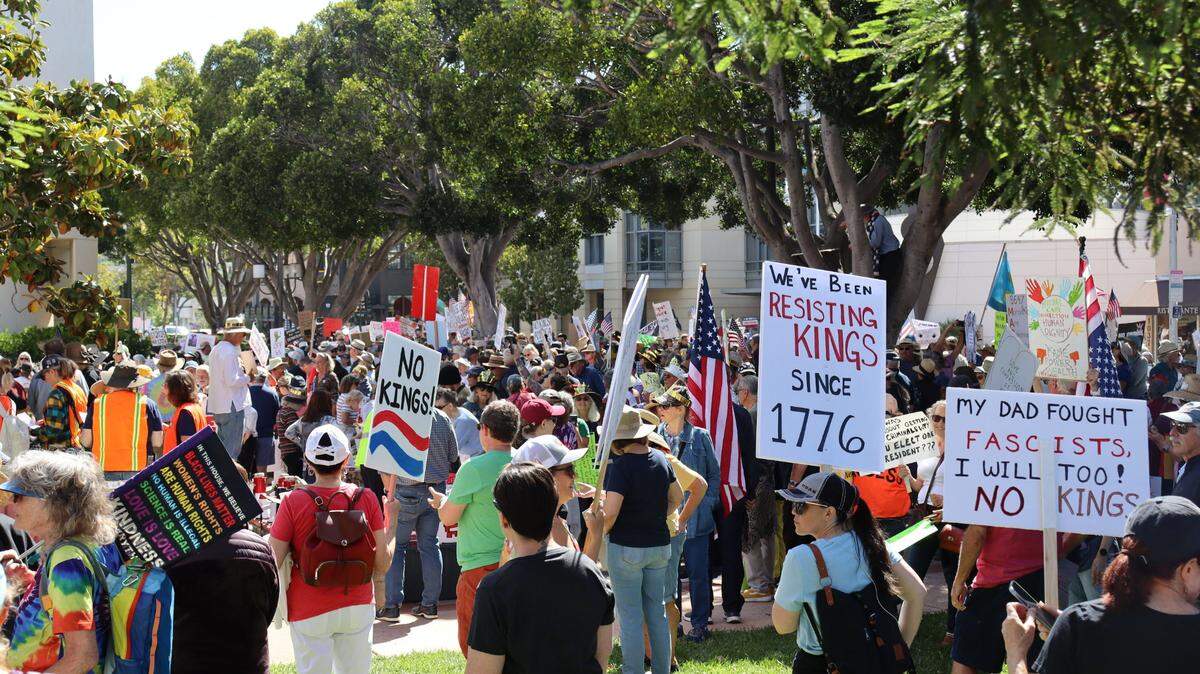 Thousands gathered in San Luis Obispo, California, for No Kings Day to protest executive overreach by the Trump administration on the president’s birthday.