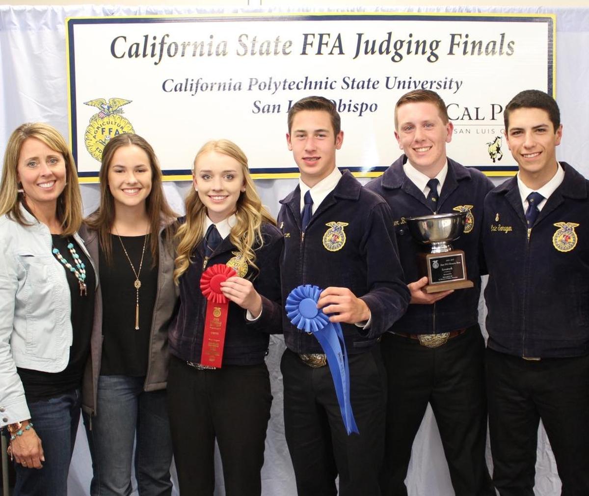 The Nipomo Livestock Team posing for a picture with their first place finish at the Cal Poly State Judging Finals in May. Pictured from left to right: adviser Rosemary Cummings, Jenna Moore, Erika Bowles, Kyler Vernon, Tucker Banta and Eric Sahagun.