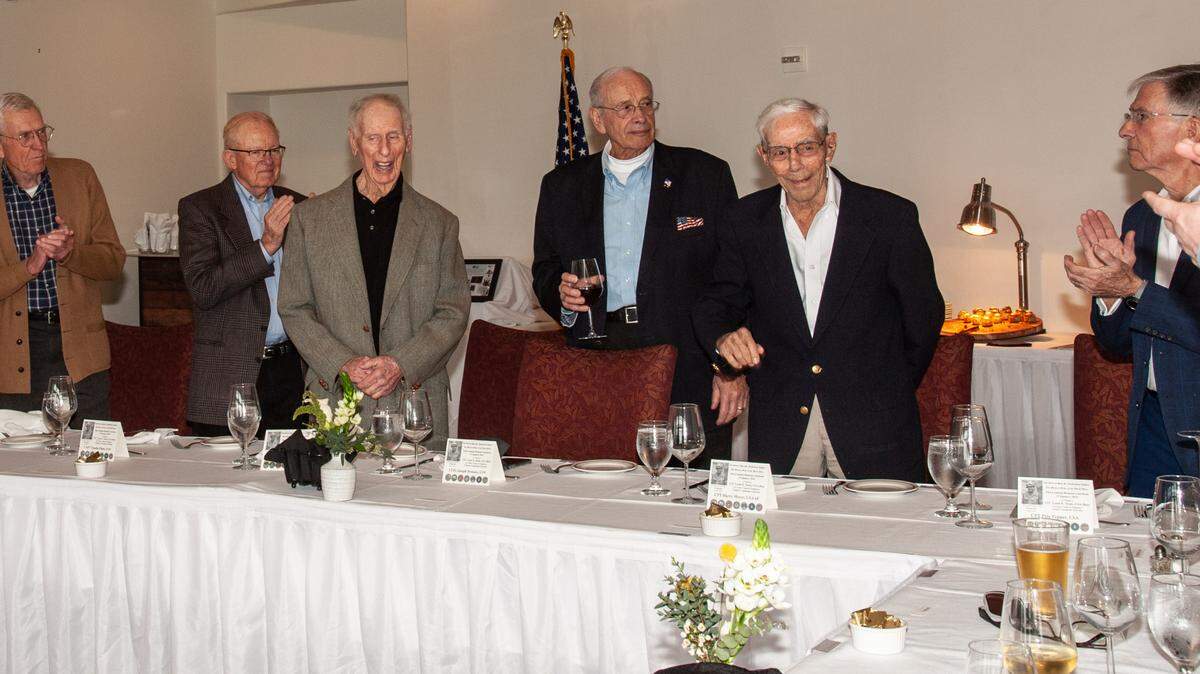 Former servicemen from World War II and the Vietnam War, as well as veterans of other conflicts, gathered in San Luis Obispo for Vandenberg’s Military Order of the World Wars chapter reunion on Jan. 19, 2024, at the the San Luis Obispo Country Club. Pictured from left are: Cmdr. Richard Pottratz (Navy), Capt. Charlie Plumb (Navy), Capt. Jim Kunkle (Army Air Forces), Lt. j.g. Joseph Brocato (Navy), Capt. Harry Moyer (Army Air Forces) and Cpt. Pete Pepper (Army).