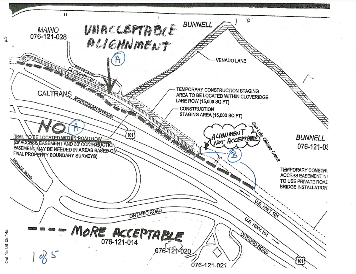 Ray Bunnell provided comments on the proposed alignment of the trail, noting an “unacceptable alignment” over Clover Ridge Lane on a docment dated April 25, 2008.