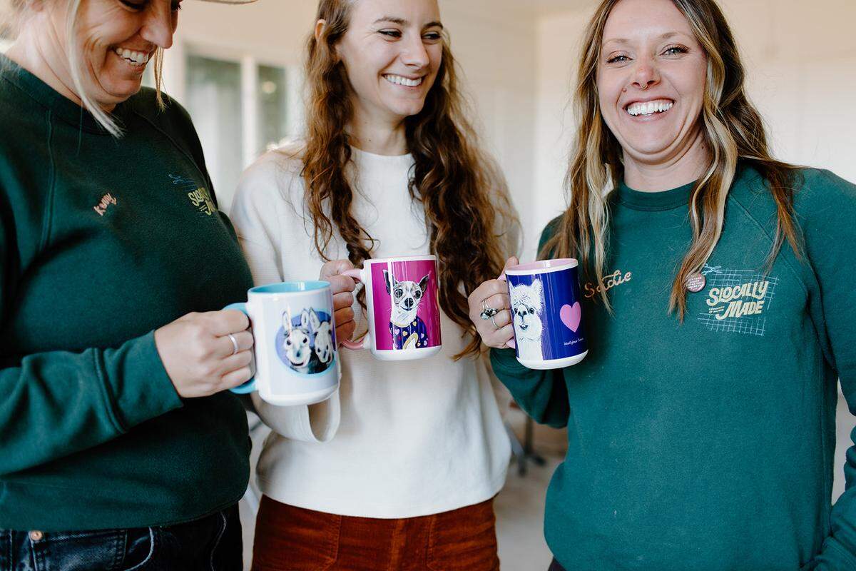 Mugs of local rescue animals turned into goods by Woollybear Travels are available at SLOCally Made in San Luis Obispo.