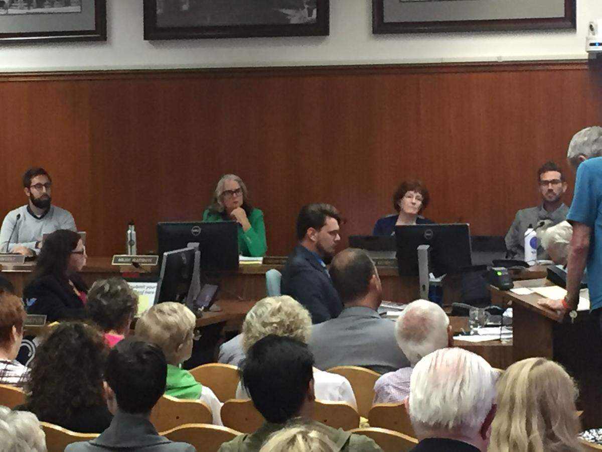 Members of San Luis Obispo’s 2018 City Council listen to public comment.  