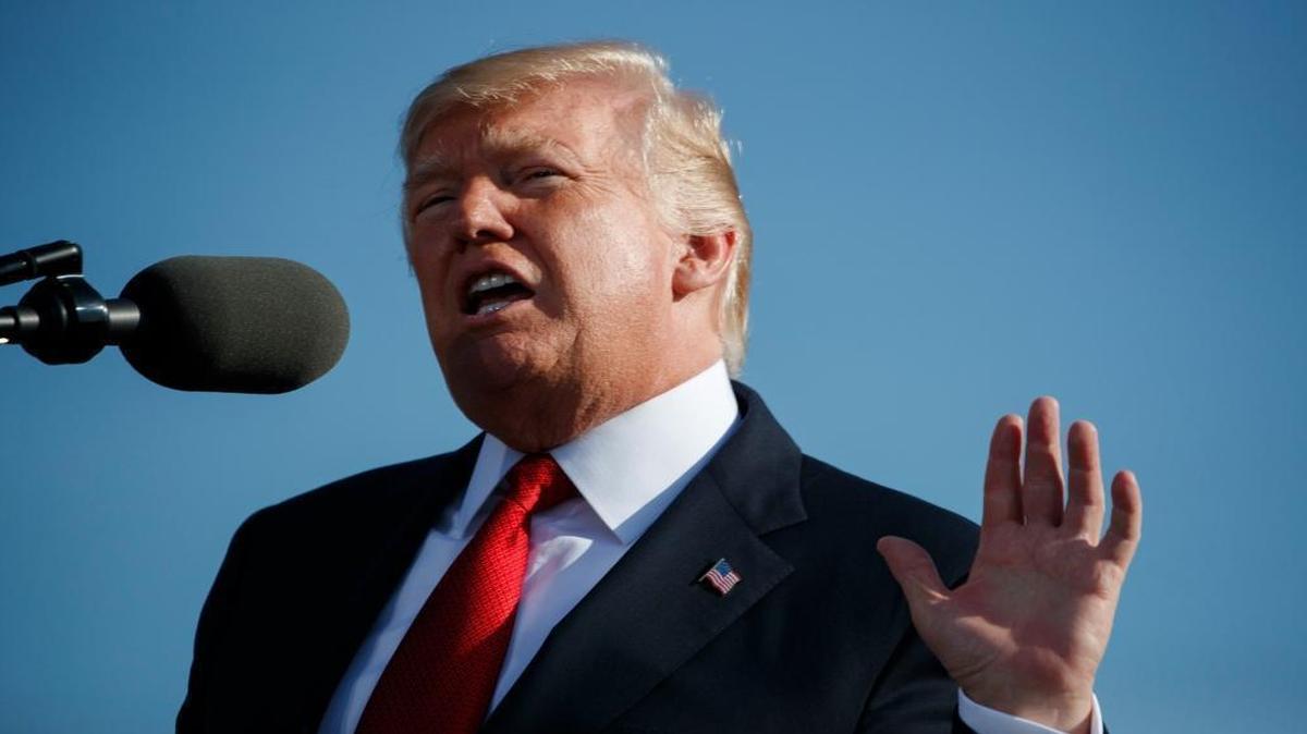 President Donald Trump speaks during a ceremony to mark the anniversary of the Sept. 11 terrorist attacks, Monday, Sept. 11, 2017, at the Pentagon.