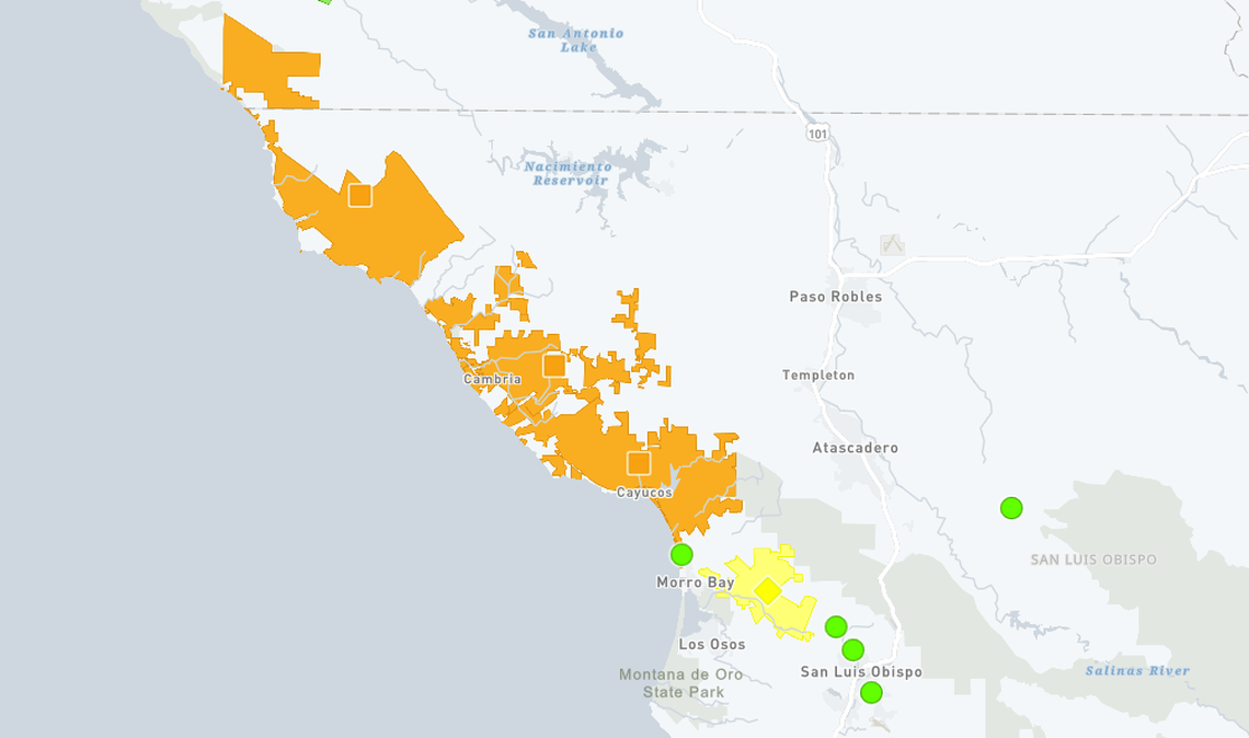 The PG&E outage map shows two outages Friday night, one affecting nearly the entire North Coast from Morro Bay to above the county line and another smaller one between Morro Bay and San Luis Obispo.