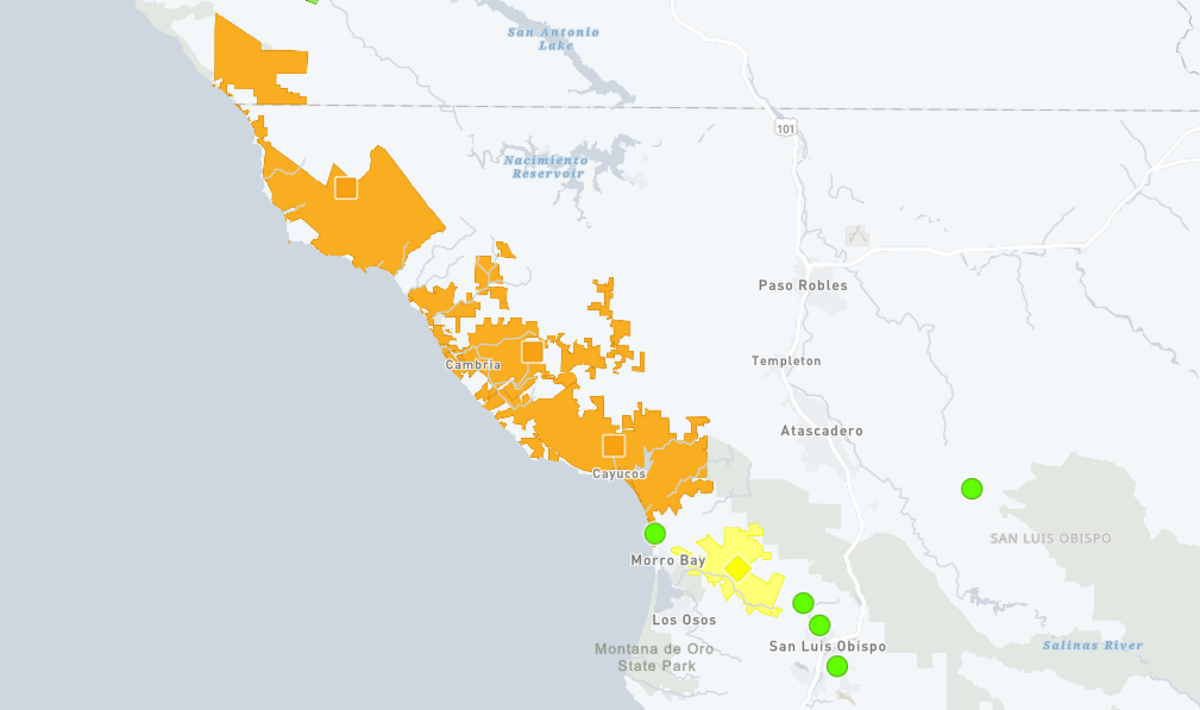 The PG&E outage map shows two outages Friday night, one affecting nearly the entire North Coast from Morro Bay to above the county line and another smaller one between Morro Bay and San Luis Obispo.
