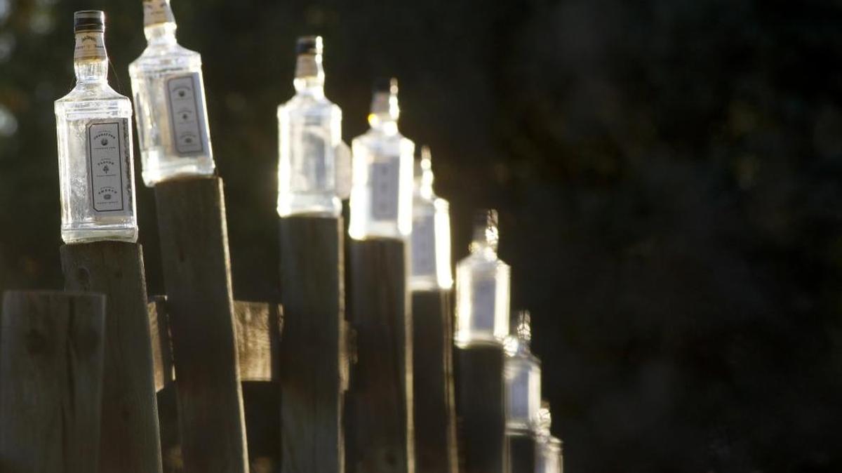 A series of Jack Daniel's Tennessee Whiskey bottles serve as fence toppers along Highway 41 near Creston, catching the light as the sun sets among the oaks.