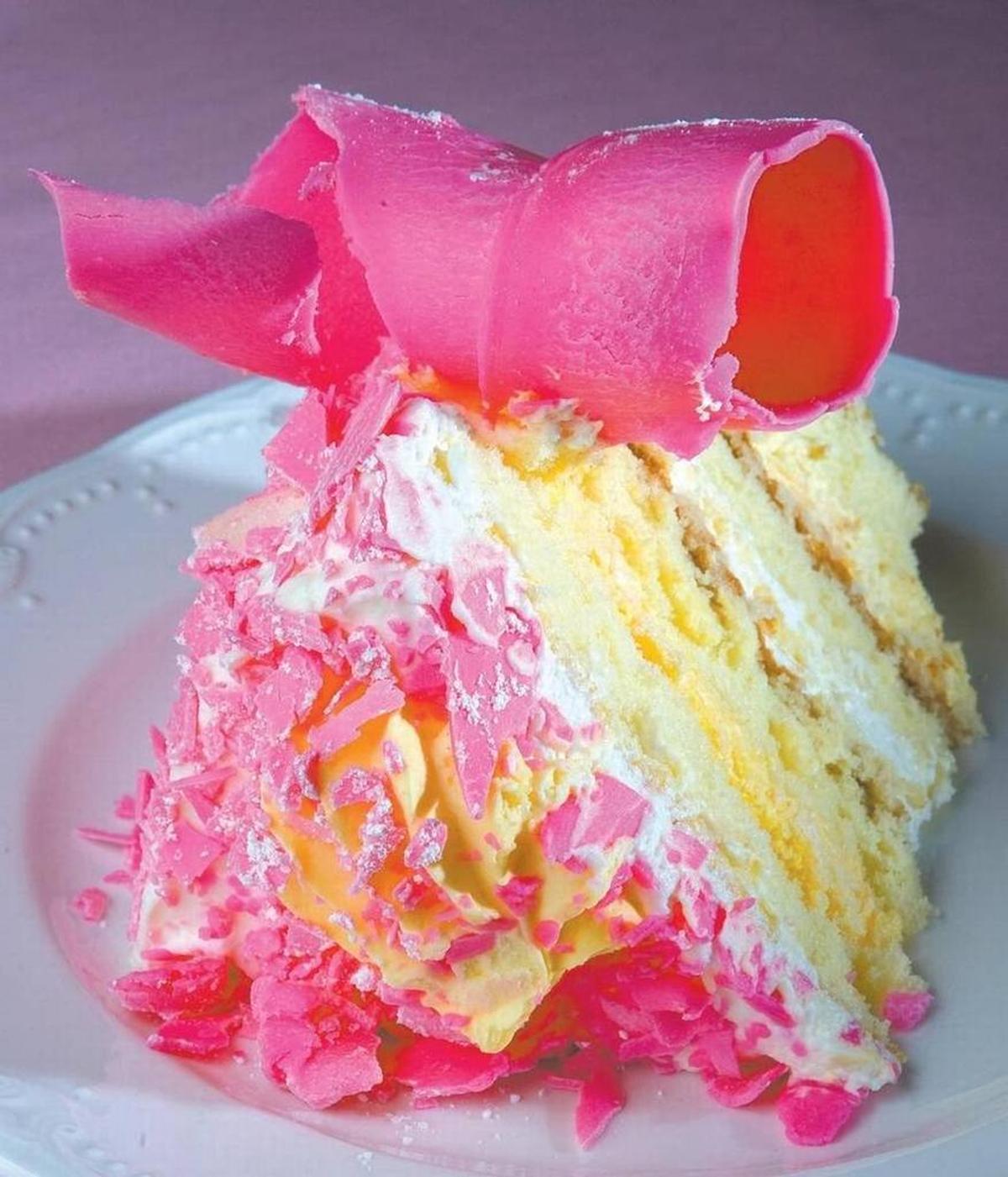 A slice of the Madonna Inn’s signature pink champagne cake.