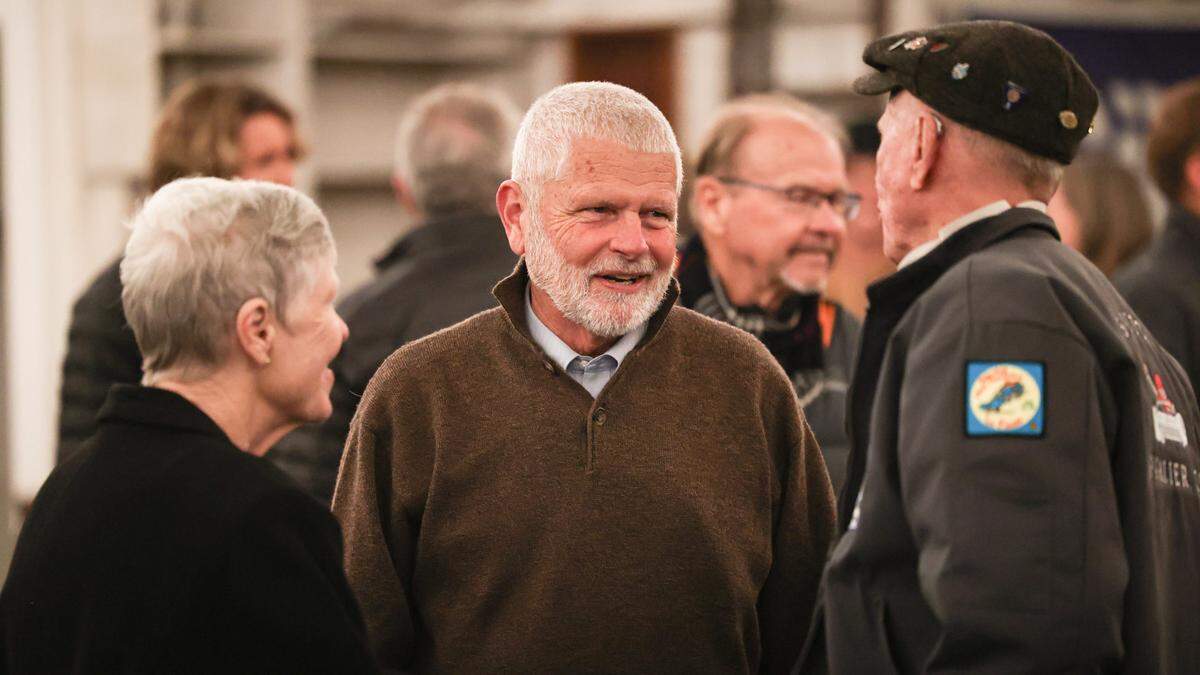 Incumbent Supervisor Bruce Gibson talks to supporters at his Election Night party in Cayucos on Nov. 8, 2022.