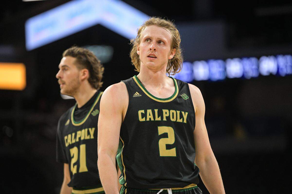 Mac Rinicker during Cal Poly’s 96-78 semifinal loss to UC Irvine at the Big West Championships on March 14, 2025. 