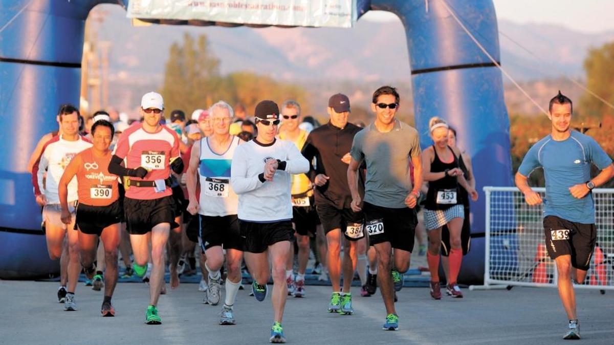 Participants in the 2012 Paso Robles Harvest Marathon head off from the starting line at Le Vigne Winery.