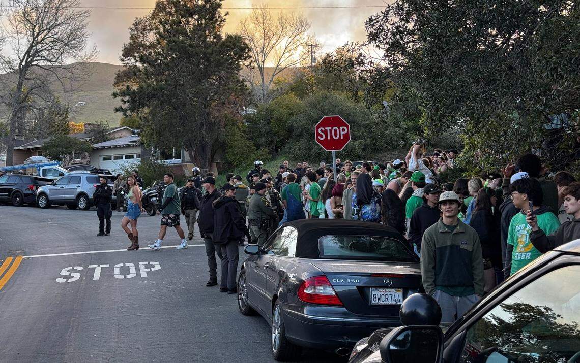 Police told students gathering on Hathway Avenue in San Luis Obispo to “go home or get arrested” on the morning of March 15, 2025. The area is usually home to a raucous block party for St. Fratty’s Day.