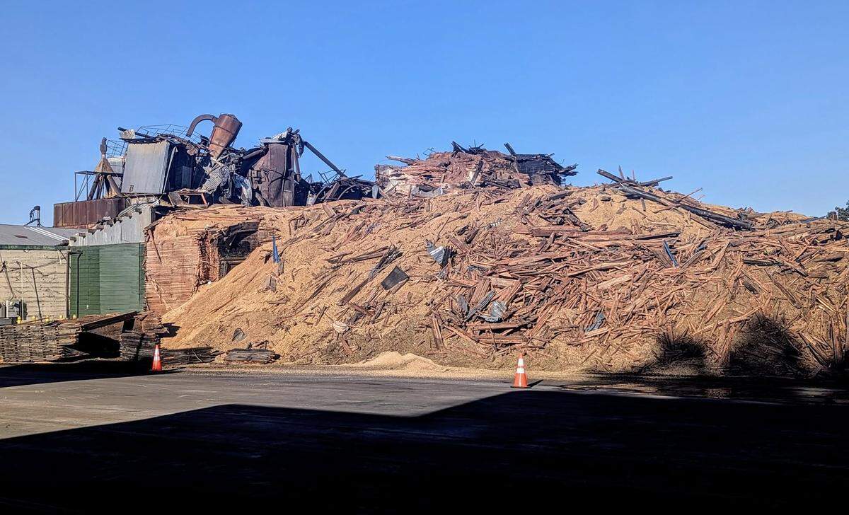 All that remains of Templeton Feed & Grain’s iconic towers is a massive pile of rubble after the structure’s demolition was completed on Wednesday, July 8, 2025.