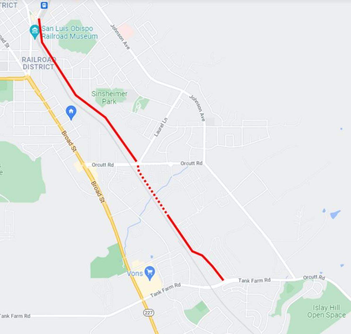 A bike path planned as part of the Bullock Ranch project (in dotted red) will connect the only remaining gap in the Railroad Trail south of the Amtrak Station. The segments in solid red below are already constructed.
