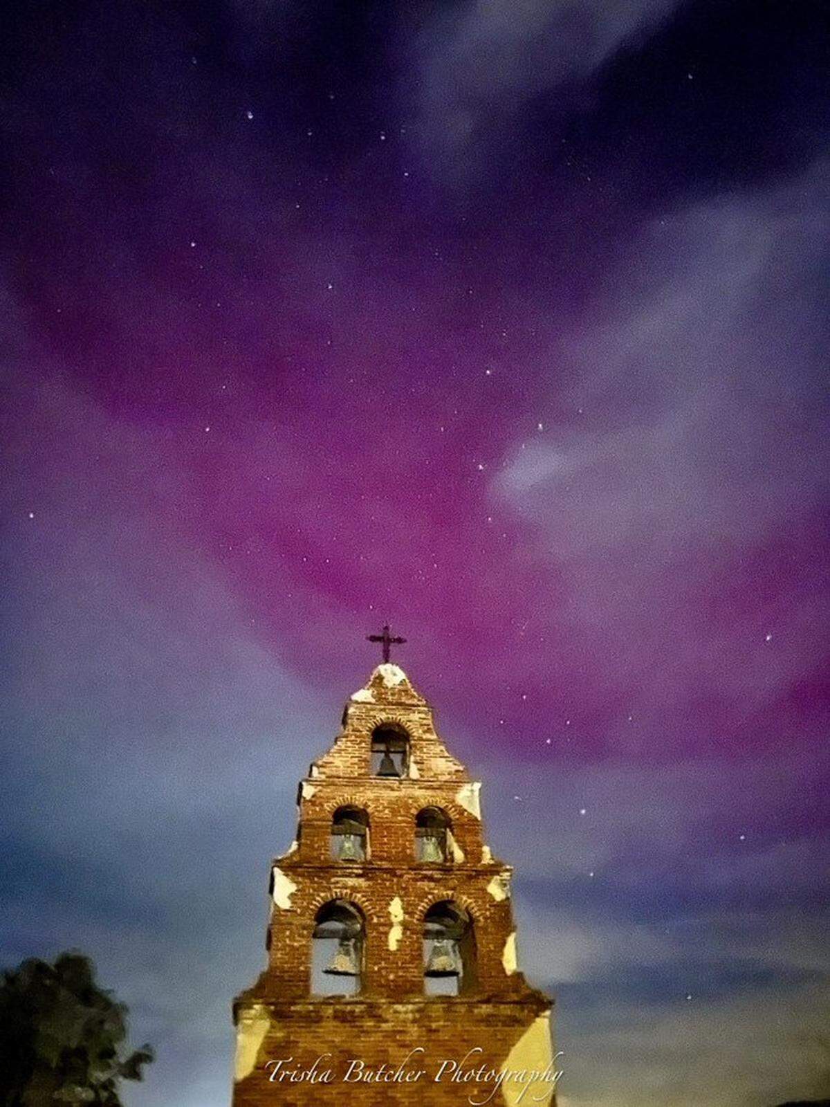The northern lights returned to San Luis Obispo County on Thursday, Oct. 10, 2024, turning the night skies pink and purple over Mission San Miguel.