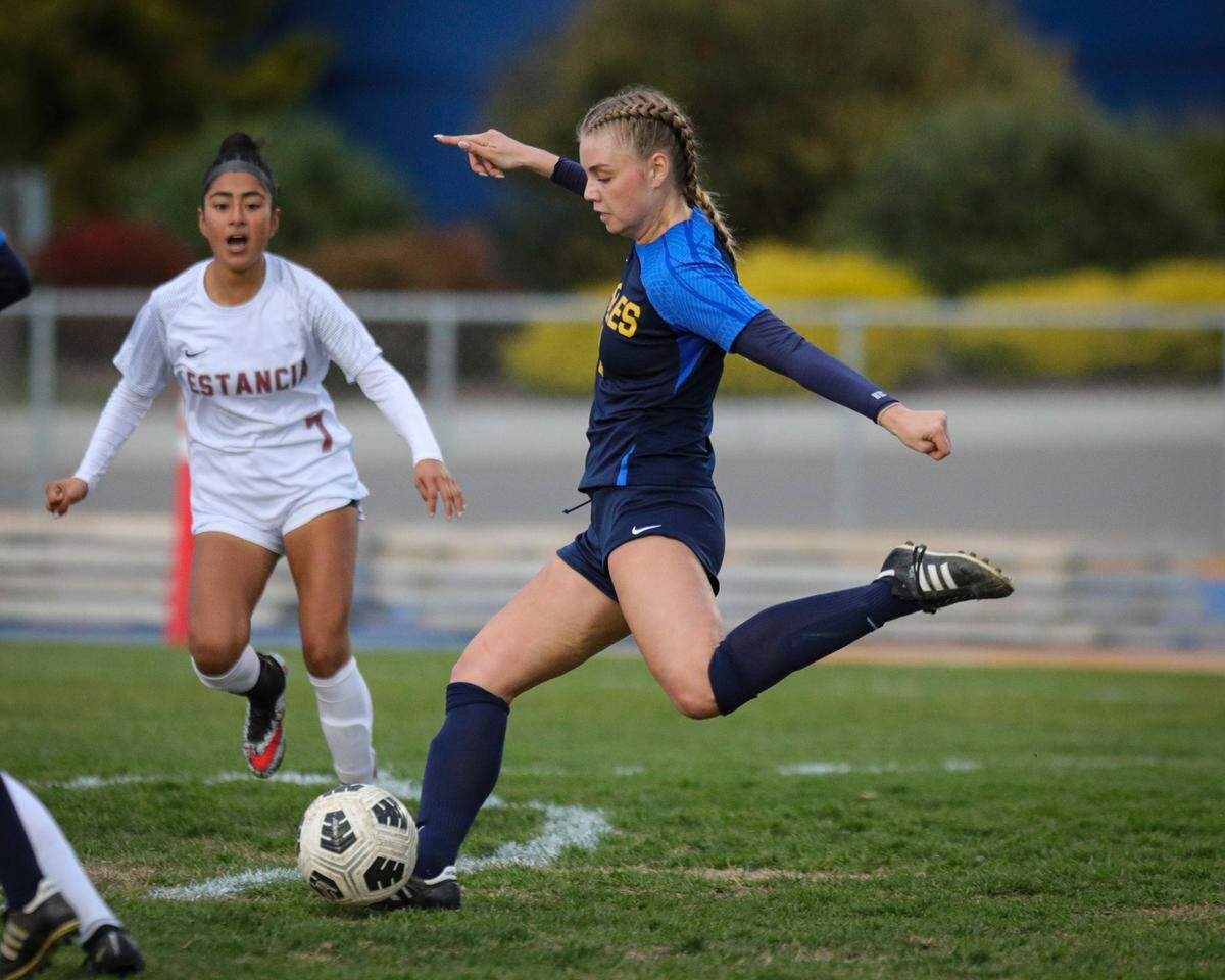 Presley Dunkle shoots and scores the second goal. Arroyo Grande girls won 2-0 over Estancia Feb 29, 2024 to advance to the 2024 CIF SoCal Division IV Girls Soccer Championship.