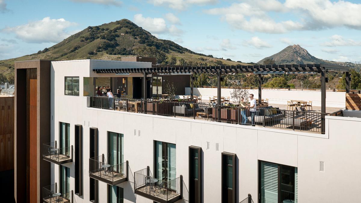 The rooftop High Bar and lounge at Hotel San Luis Obispo offers views of the surrounding hills and downtown. Those who book qualifying midweek hotel stays in SLO can take advantage of a $100 gift card promotion through March 31.