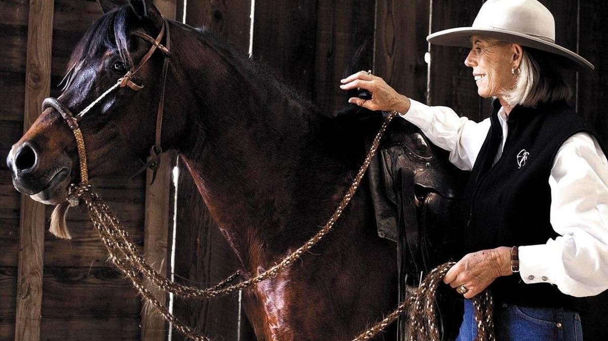 Sheila Varian with her arabian mare Breeze V at her ranch in Corbett Canyon in 2003. Varian died Sunday at age 78 after a battle with cancer.