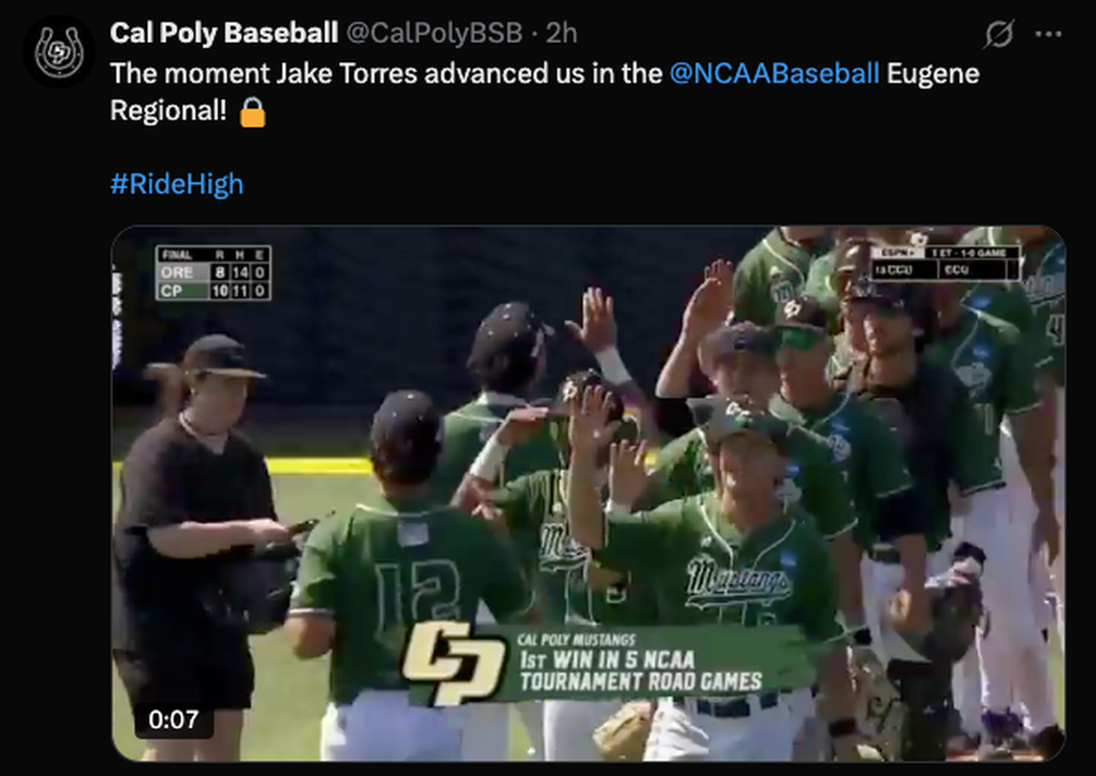 Cal Poly baseball beat Oregon 10-8 on May 31, 2025, to advance in the NCAA Regional in Eugene, Oregon.