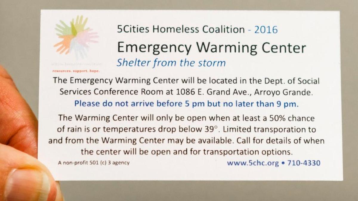 One of the cards that are distributed to the homeless to inform them about the 5 Cities Homeless Coalition Warming Center at the department of Social Services in Arroyo Grande.