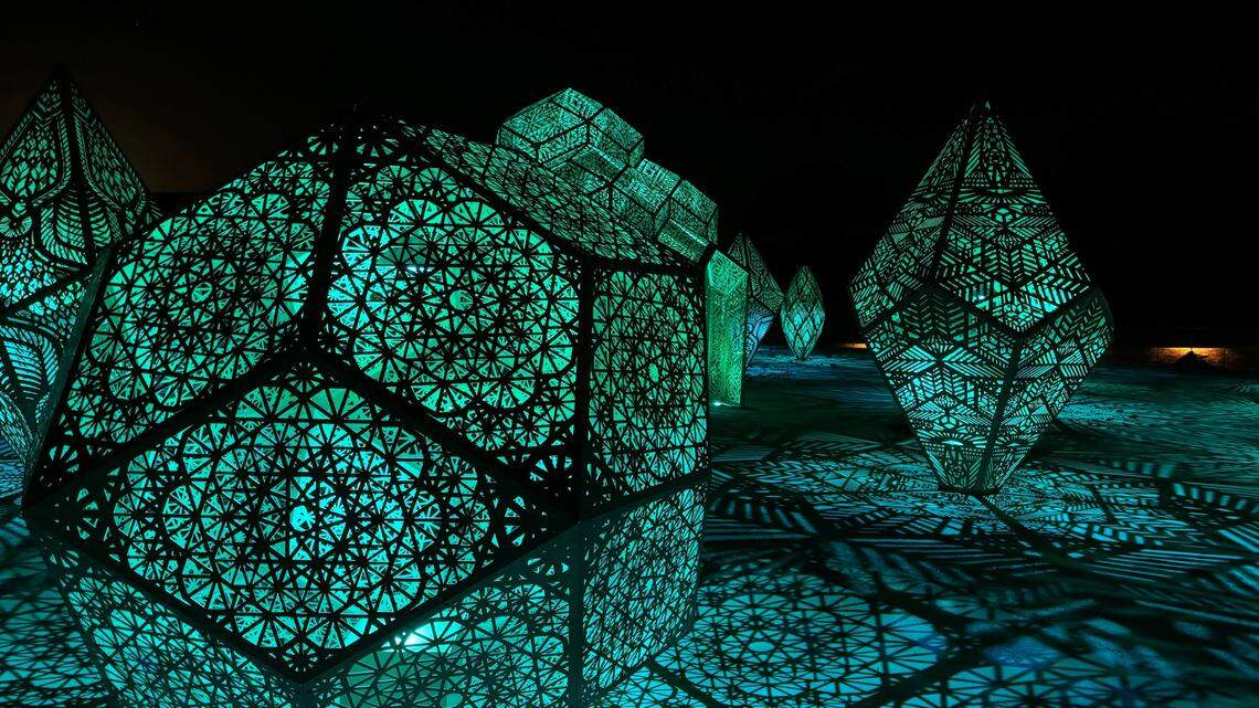The DIMENSIONS exhibit at Sensorio in Paso Robles features a collection of illuminated geometric sculptures, seen here on May 23, 2024. It was created by the artist duo HYBYCOZO.