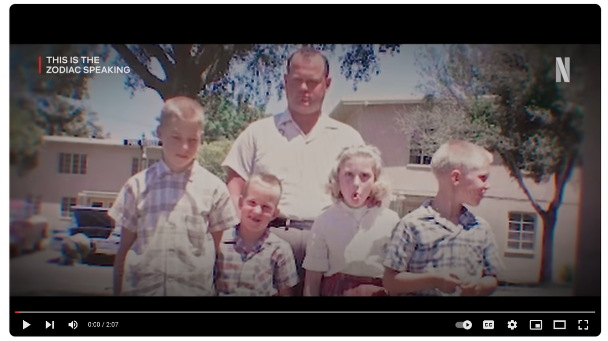 A YouTube screenshot from the Netflix documentary “This is the Zodiac Speaking” shows Arthur Leigh Allen with four children.