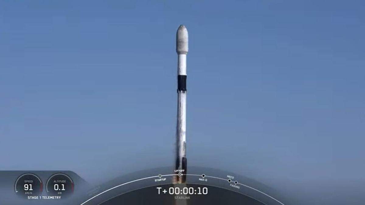 SpaceX’s Falcon5 rocket took off from Vandenberg Space Force Base on Friday, Feb. 25, 2022. A screenshot of the live broadcast of the launch shows the rocket just after liftoff.