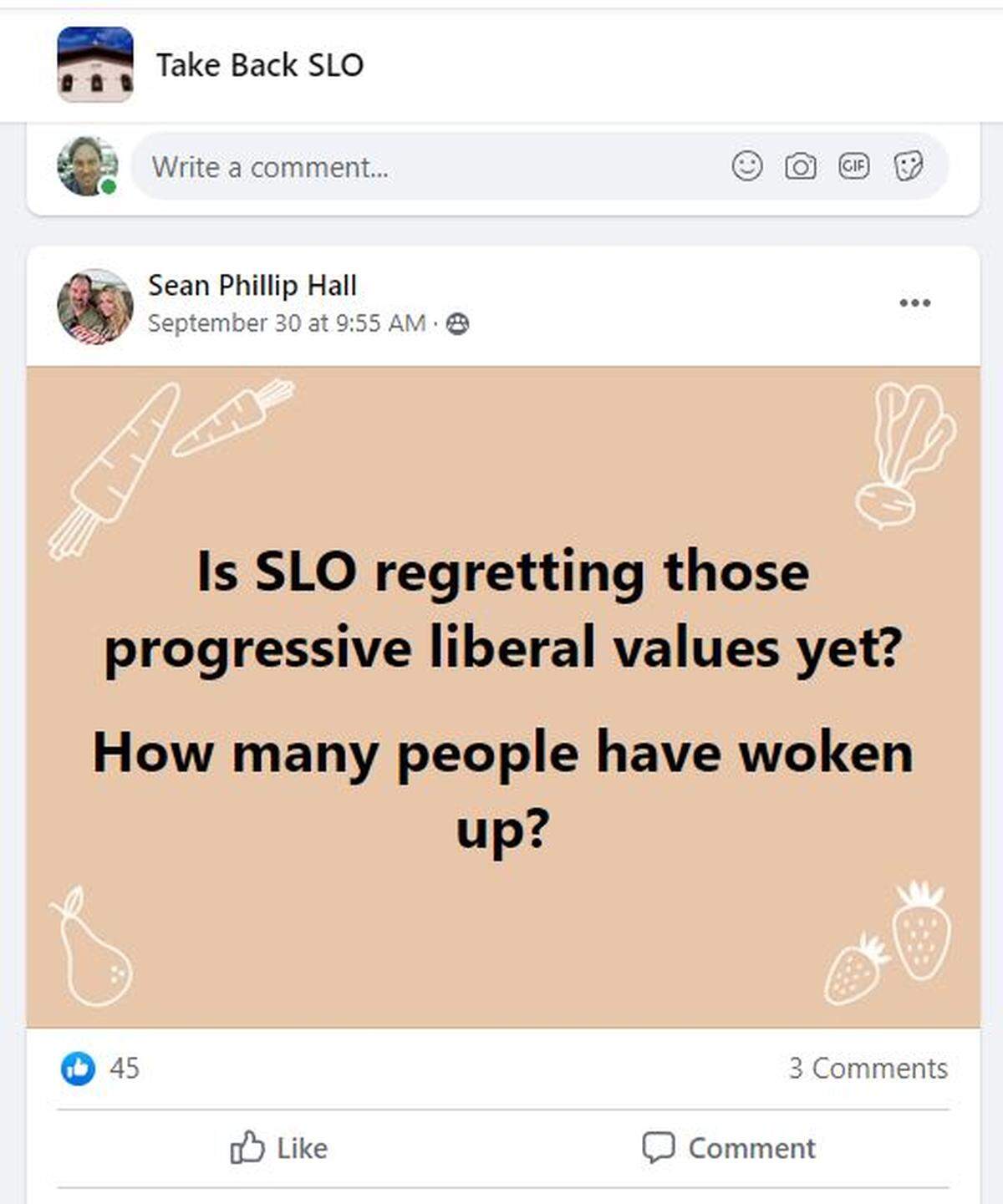 A post on Take Back SLO’s Facebook page.