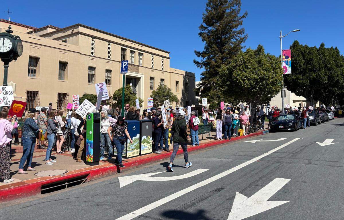 About 400 people turned out Saturday for a protest and rally recognizing International Women’s Day, outside the courthouse in San Luis Obispo on March 8, 2025.