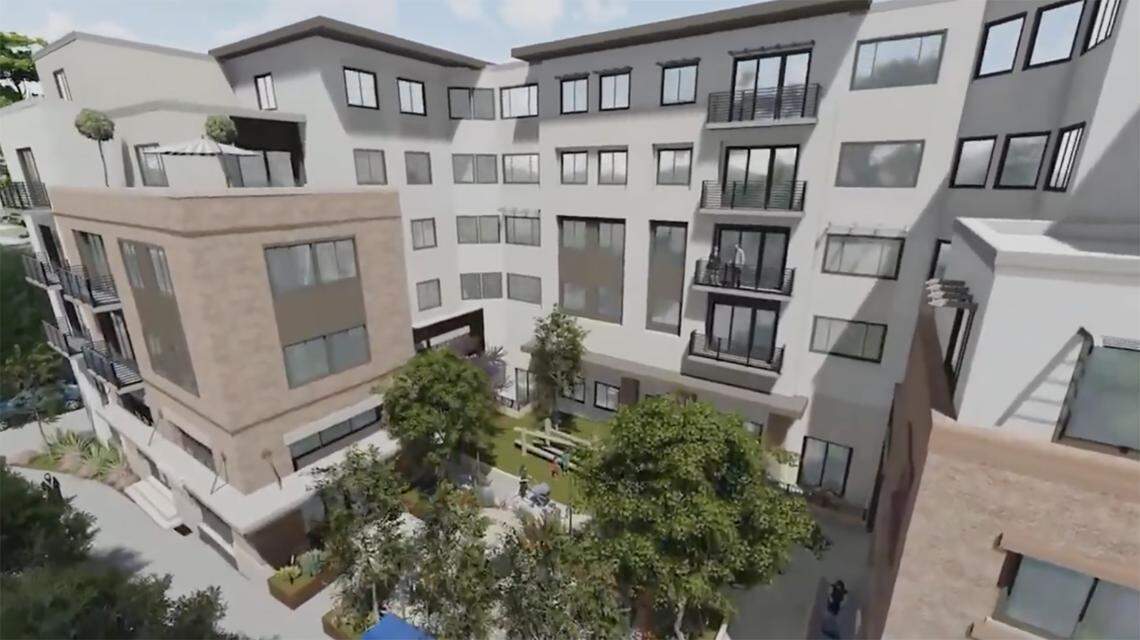A rendering shows the five-story, 105-unit affordable housing project proposed at 1422 Monterey St. in the block between California Boulevard and Pepper Street.