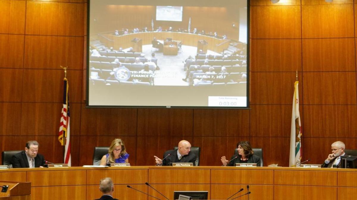 The San Luis Obispo County Board of Supervisors meet March 7. From the left are Adam Hill, Lynn Compton, John Peschong, Debbie Arnold and Bruce Gibson.