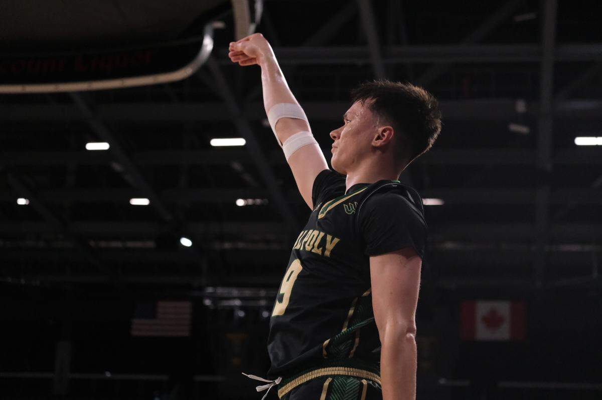 Peter Bandelj releases a shot in Cal Poly’s 96-83 win over No. 3 UC Riverside in the Big West basketball championships at Lee’s Family Forum in Henderson, Nevada, on March 13, 2025.