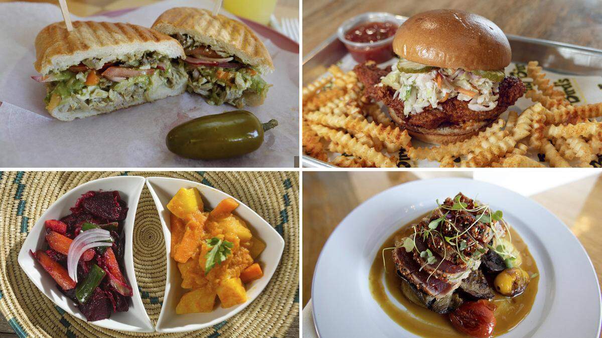 A number of new restaurants opened in San Luis Obispo County in 2022, including, clockwise from top left, Luna Llena Deli in Morro Bay, Jay Bird’s Nashville Hot Chicken at the SLO Public Market, Pono Pacific Kitchen in Grover Beach and Ebony in San Luis Obispo.